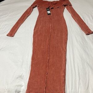 Fashion Nova Terracotta Off-Shoulder Dress